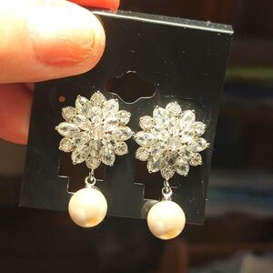 Clip Earrings - Silver, Pearl With Clear Crystal Fob